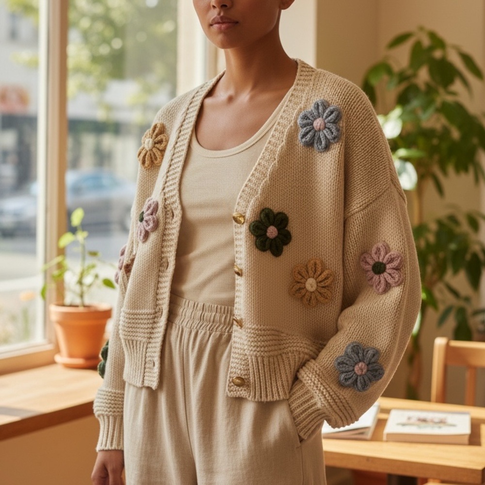 Entro Cream Cardigan with Floral Accents
